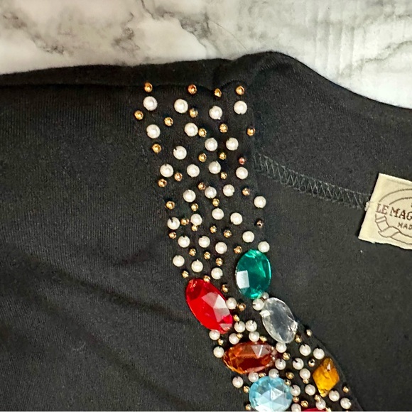 Vintage 80s Bejeweled Black V Neck Tunic Top Dress Le Maglie Di Nives One Size - Picture 4 of 9